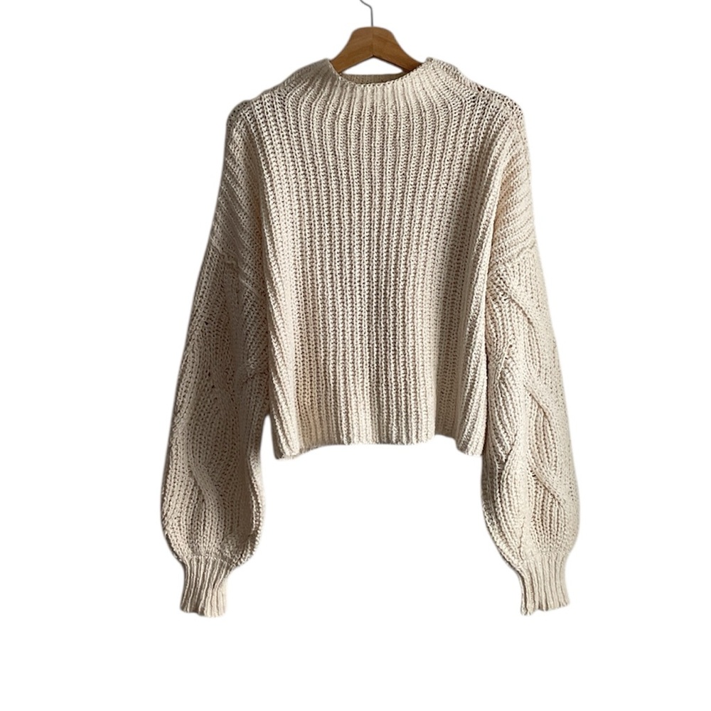 Free People Seasons Change Cable Turtleneck Balloon Sleeve Sweater, S - Picture 8 of 14